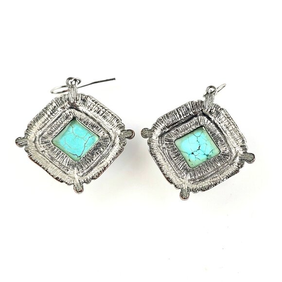 Faux Turquoise Silver Tone Drop Earrings Square Western Boho Statement - Picture 5 of 5